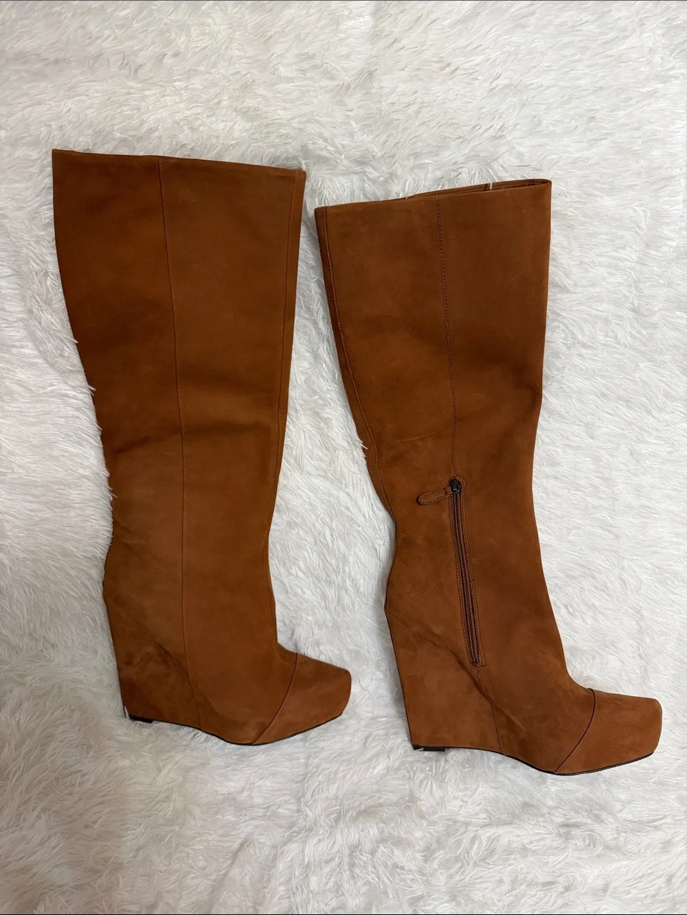 Boutique 9 Cognac Suede Tall Platform Wedge Boots Size 9 NWOT